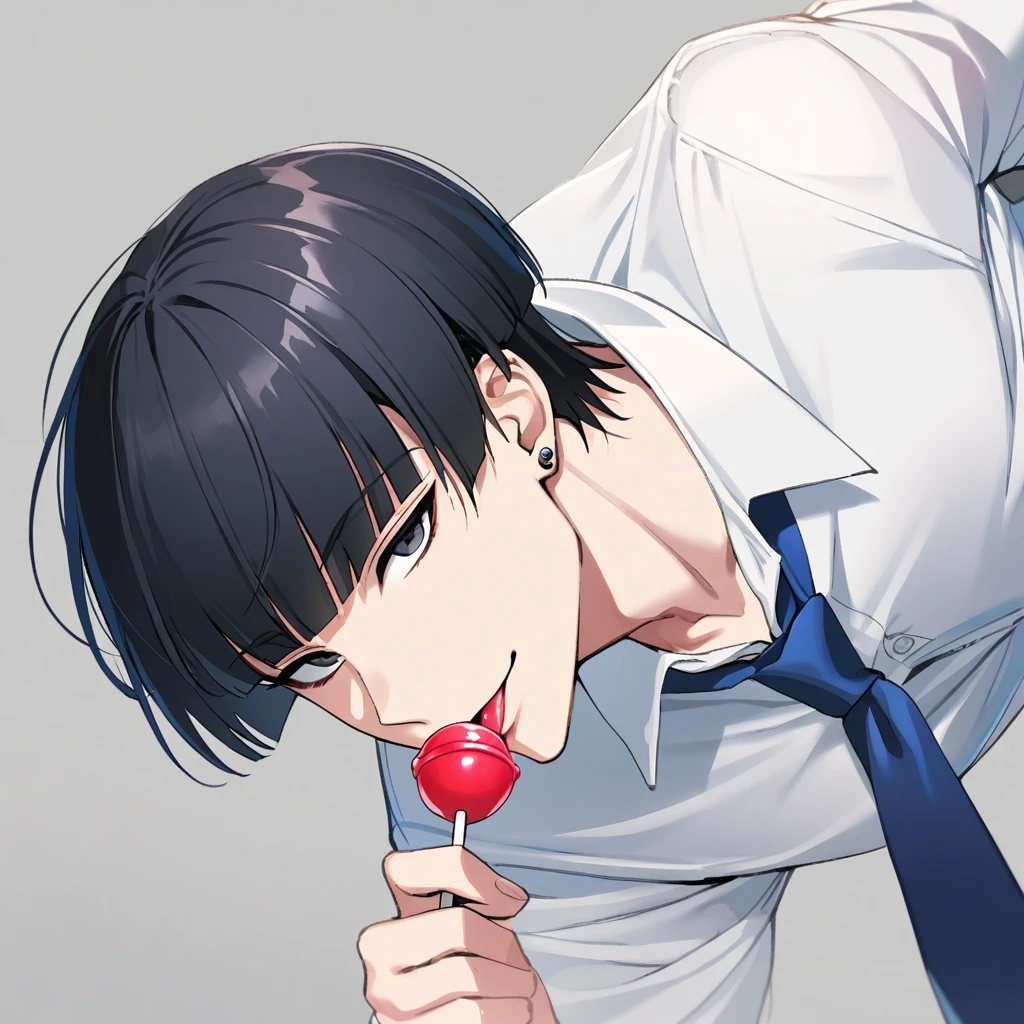 1 man, black hair, straight bangs, bowl cut, piercing, flamboyant, smiling, black eyes, handsome, white shirt, blue tie, sucking a lollipop, holding a lollipop, seductive, cute, innocent