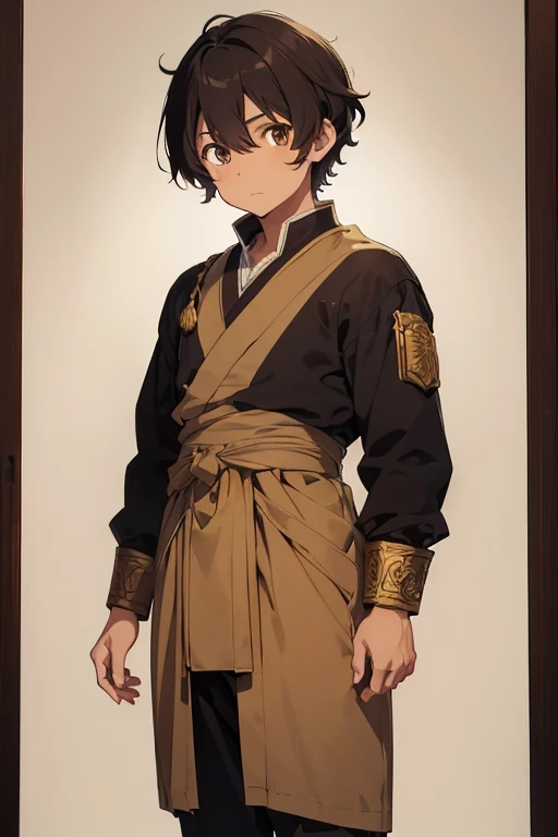 (koyo tamayaki kyoji),(who has a dark brown skin color and brown eyes),(16 years old young),and height 1.80cm and short curly hair and wears clothes of a 5th century emperor with gold details,