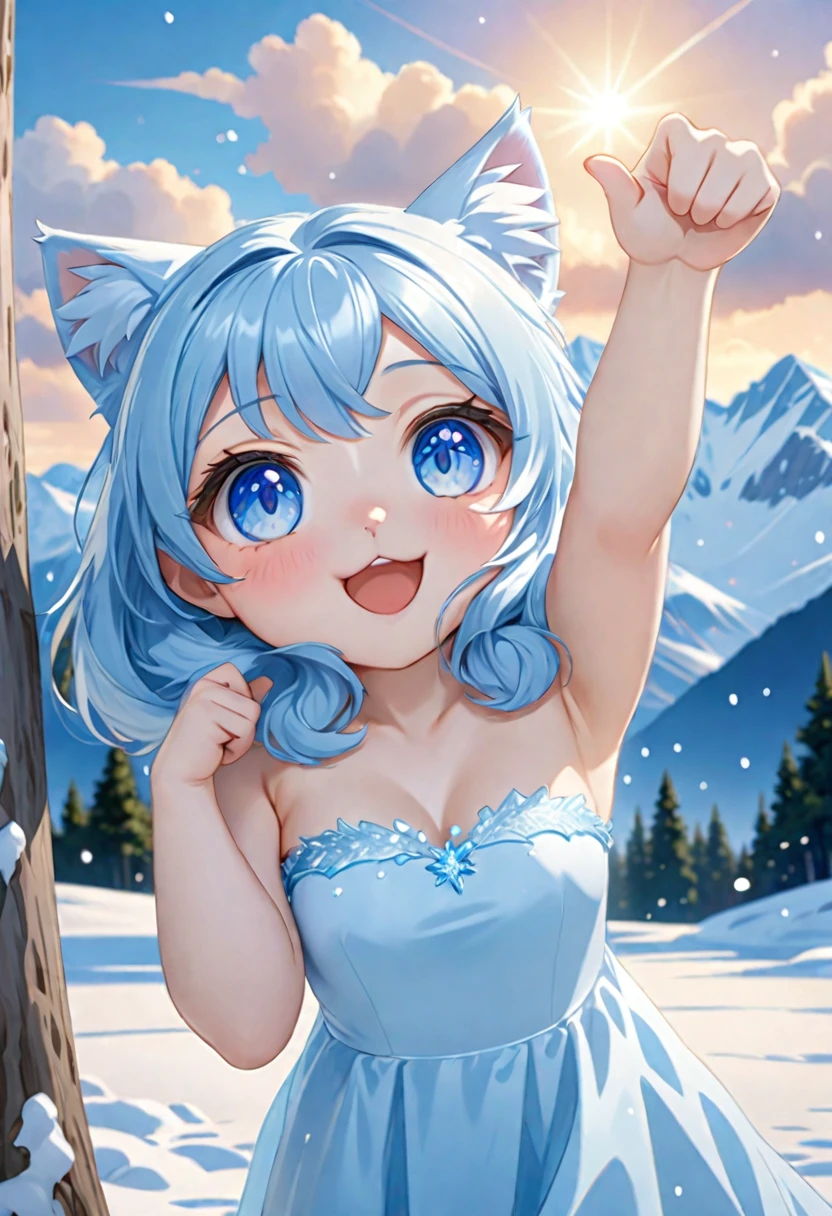 cat girl, chibi, snow queen girl, blue hair, blue eyes, crystal blue dress, reaches for the sign, which hangs on the ice tree, tree covered with ice, Rendering, Anime background art, winner of the pixiv competition, Anime girl with cat ears cute!! chibi!!! cat girl, милый anime cat girl, with index finger, Nekomimi, anime cat girl!, cat girl, chemonomics, run, furry фураффинность, masterpiece, top quality, Best quality, official art, Beautiful and aesthetically pleasing:1.2), 2D, (Best quality, masterpiece), anime, (very detailed face), (very detailed eyes), snowy mountains background, Ideal lighting, (highly detailed ice dress), snow queen girl