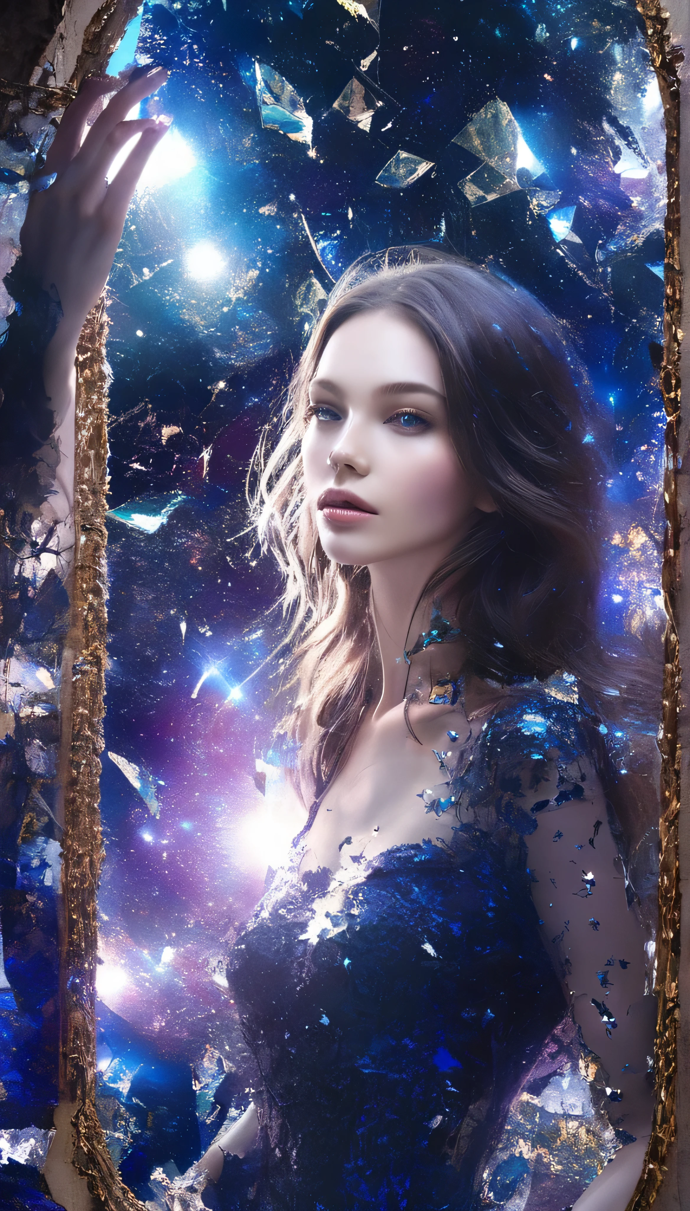 broken Mirrors reflect our fragility; in them,
we see our own inner truths.
stunning girl standing in front of the smashed mirrors and
watching her reflections from thousands of broken mirrors , behind the broken mirrors deep space and stars of huge nebulas replaced , altering our reflection in
the broken mirrors ,dark shadows ,midnight,spot lights , fantastic, crashed mirrors flying around reflecting shapes of body , portrait of a lady , beautiful mesmerizing faces reflecting from broken mirrors at the dark horizon, portrait shot , nebulas and stars at the scenery, dark blue beautiful symmetric eyes ,3D,perfect eyes,extremely detailed face, lifelike photography, ultra high detailed,naughty smile ,high quality ,alluring beauty full body shot ,closeup shot, gorgeous Russian model, awesome action photos, realistic, hyperrealism, fantasy , beautiful fit body, beautiful long legs, reasonable nudity, reasonable naked body parts ,
