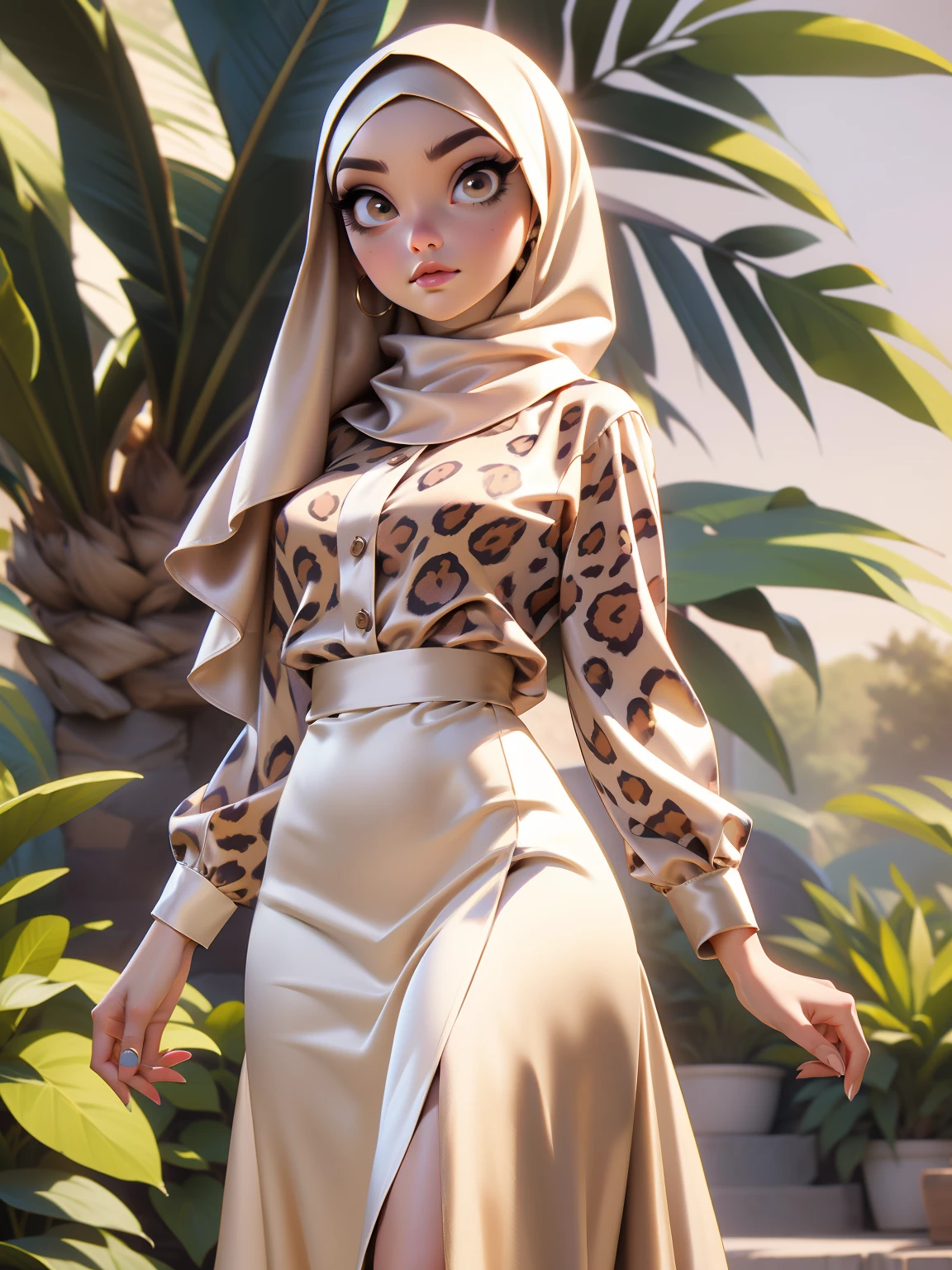 3DMM, ((Masterpiece, best quality, photography)), detailed skin, realistic, photo-realistic, 8k, highly detailed, full length frame, High detail RAW color art, diffused soft lighting, shallow depth of field, sharp focus, hyperrealism, cinematic lighting, hijab, a woman beautifully makeup, purple eyeshadow, beautiful big eyes, Brown eyes, long eye lashes, chubby, wearing ((brown satin hijab), loosely tide hijab style, ((beige satin Leopard print shirt)), ((satin long dress)), dancing under tree, garden