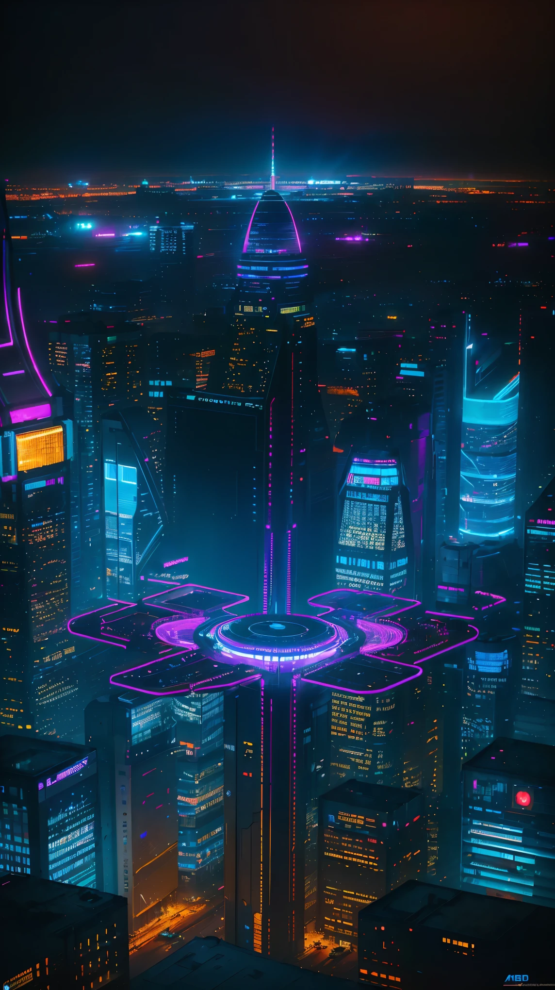 concept:(((This is an aerial photographic art work of a near-future city depicting a cyberpunk )))。 

quality:(highest quality, 4K, 8K, High resolution, masterpiece:1.2), Super detailed, (realistic, Photo realistic, Photo realistic:1.37), 

illumination: cinematic light, Bright colors and mesmerizing effects, contrast average darkness and bright light, shadows and highlights, SF elements, 

Subject information:Aerial photo of Cyber City, from above, skyscraper, futuristic architecture, glowing neon lights, amazing skyline, advanced technology, ((hovering vehicle,)), (((A beautiful image of a cyber city drawn from the perspective of &quot;from above&quot;:1.3)))

Other details:lively atmosphere, holographic advertising, cyberpunk aesthetics, bluish tones, some stars shining in the sky, space background, Emerging Technologies, urban density, energy and excitement, metropolis of the future, eye-catching composition, neon glow, rich colors, smooth brush stroke technique, detailed texture, Impressive scale, (((cyberpunk design))), elaborate design, Impressive scale, Atmospheric illumination, Captivating details, captivating visuals, Artistic masterpiece, 50㎜, f/4, photo shoot,
