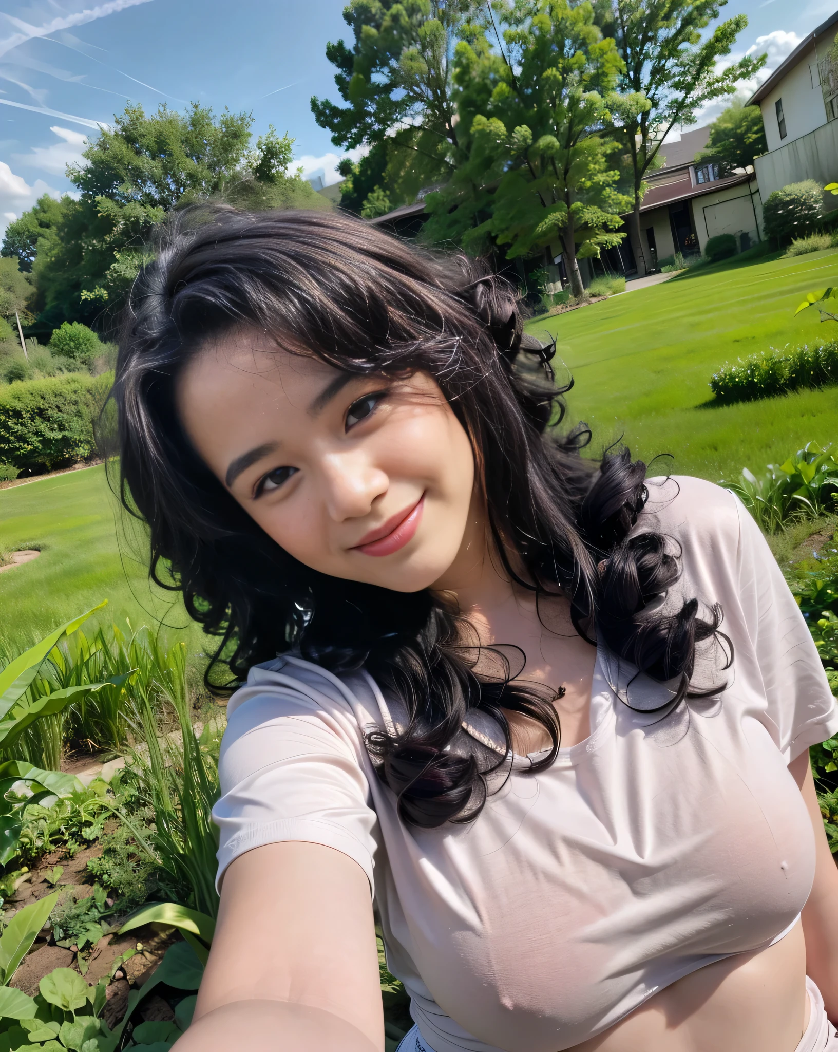 Malay girl wearing burgundy color tight satin srapless bra and panties portrait photography, mid shot photo, ultra detail, professional photograph with professional lighting, short curly hair, smile, at the garden, outdoor background, sexy seducing pose, curvy body, closed up butt focused angle