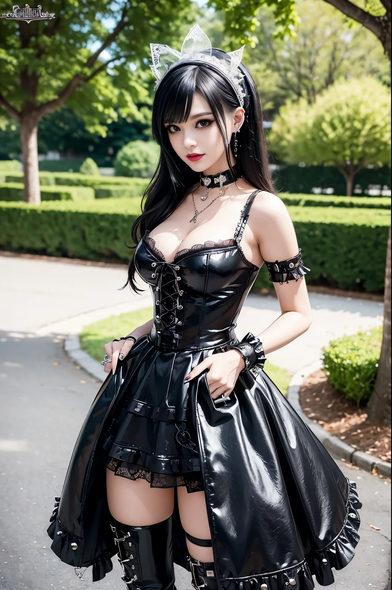 sexy stylish female model, only 1 female, ((doll-like appearance)), long dramatic stylish hair, ((shiny Punk-Style boots)), (big smile), ultra detailed eyes, Punk makeup, lipgloss, ((sexy Punk ta cosplay)), unconventional skirt, petticoats, high neckline, ((ultra detailed lace)), ((ultra detailed embroidery)), intricate details, tartan patterns, safety pins, Punk Loliccessoires, Punk Lolita cr, ((large sparkling Punk Lolita jewel, cinematic light, detailed large park background with trees 