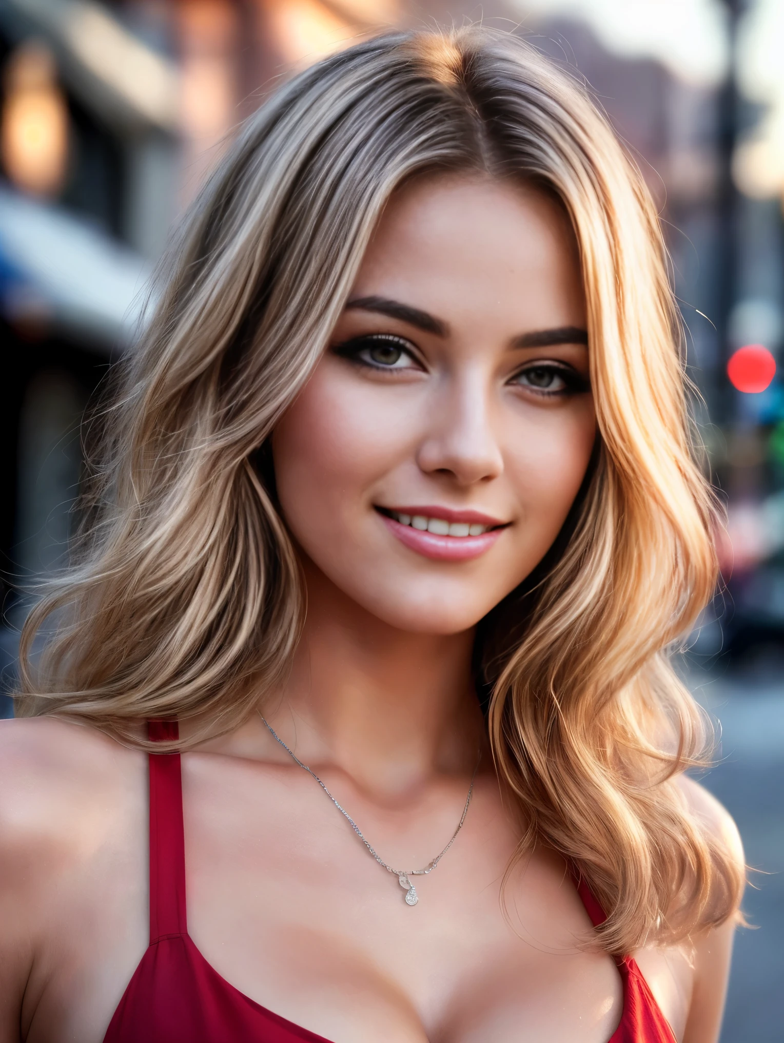 A cinematic realism image. A close-up of a gorgeous European vampire woman, age 18, blonde wavy hair, she’s a playmate, men magazine model, smiling, showing her vampire teeth, flirting with camera, standing on the street in golden hour backlighting. Warm color palette with natural light. Realistic with cinematic photography. Masterpiece, UHD. Global illumination, (Top Quality, Masterpiece, Super Hi-Res, Photorealistic:1.4), 4K, Beautiful 18 year old woman, Beautiful details, Clean skin, Smile, Lips, Realistic Long eyelashes, Extra large cleavage, Stylish shirt, Full length photo, Graceful posture, Beautiful silver hair, Piercing, Beautiful vivid colors, Beverly Hill's Stylish cityscape, Realistic lighting, Attractive expression, Looking at the camera, One person