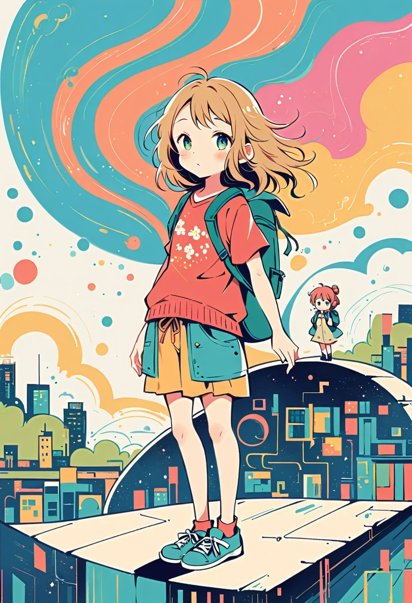 Momoko Sakura style, Standing on the roof,Girl with backpack on rooftop,My backpack is full of happy spring,Simple Line Initialism,Abstract art,Urban Background