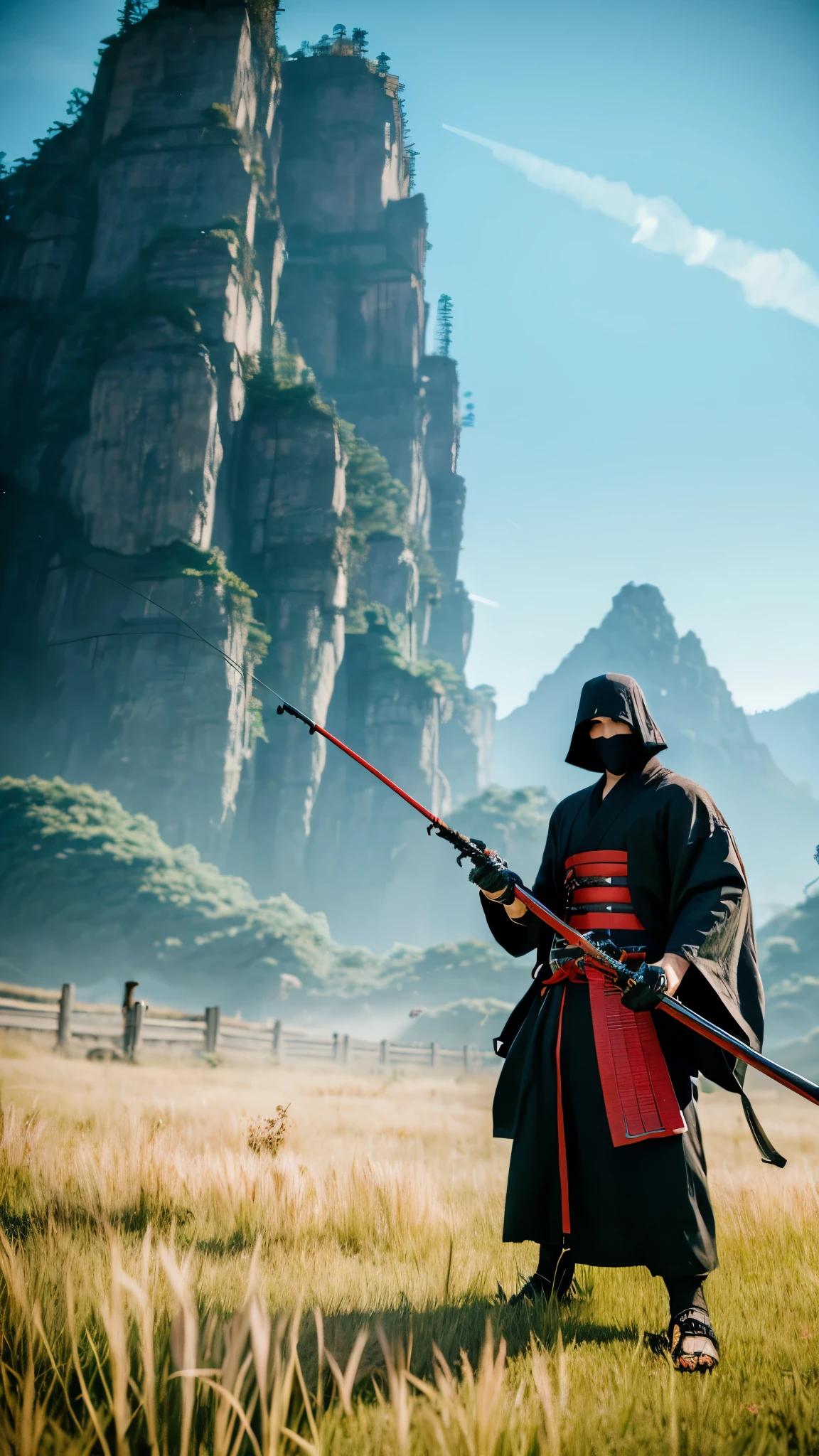 a samurai devil person standing in a field with a rifle,cool a magic fishing rod weapon, ghost in the shell,many floating swords, a ninja with a water wave katana, sharp Final fantasy 14, awakened samurai, holding a scythe, a robot with a fishing rod, a scythe giant, Shinobi shadow ninja holding a naginata, wandering samurai man, playable cart, toad samurai, ta.white mask.Cyborg ninja.