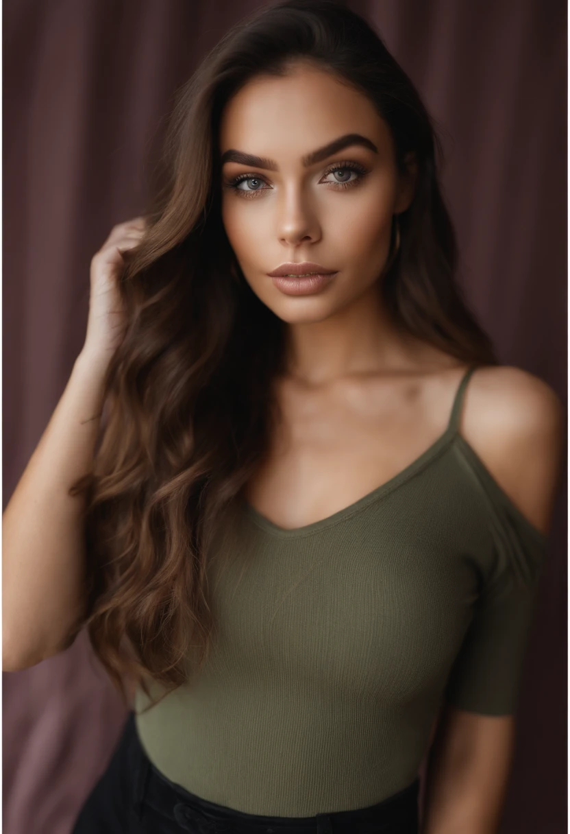 Femme latina avec un pull noir aux yeux verts, Portrait de Sophie Mudd, cheveux bruns et grands yeux, Selfie of a young woman, Yeux de chambre, violette myers, sans maquillage, maquillage naturel, regarder directement la caméra, Visage avec Artgram, Maquillage subtil, Superbe photo du corps entier, Yeux verts perçants, Bel angle, pose attrayante, fille mignonne, pose sexy, Image du corps entier, corps entier, Prise de vue du corps entier, Brown Goddess, high detail, pose satisfaite, Pantalon en cuir