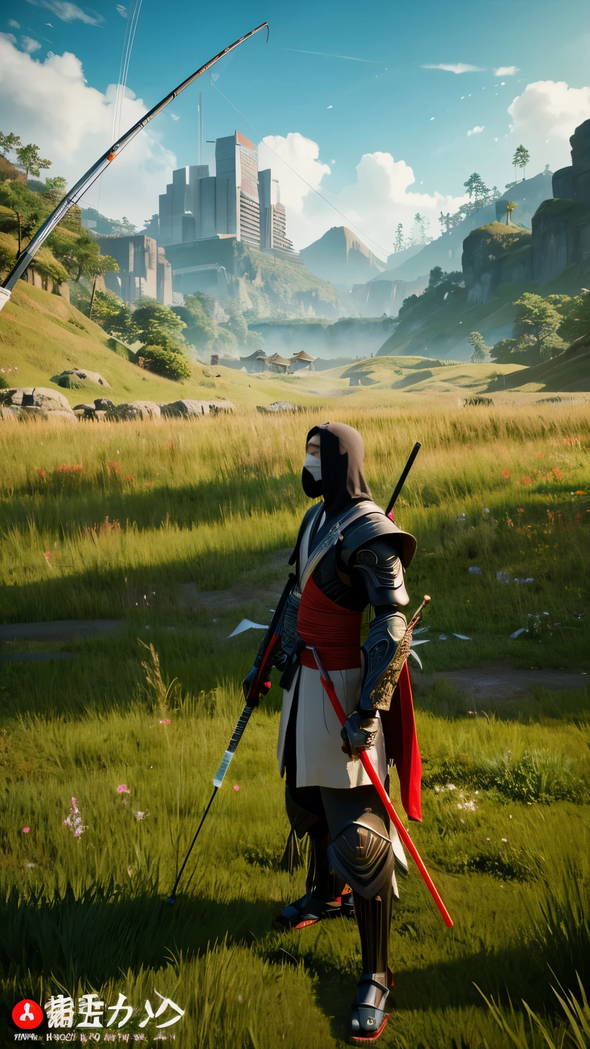 a samurai devil person standing in a field with a rifle,cool a magic fishing rod weapon, ghost in the shell,many floating swords, a ninja with a water wave katana, sharp Final fantasy 14, awakened samurai, holding a scythe, a robot with a fishing rod, a scythe giant, Shinobi shadow ninja holding a naginata, wandering samurai man, playable cart, toad samurai, ta.white mask.Cyborg ninja.