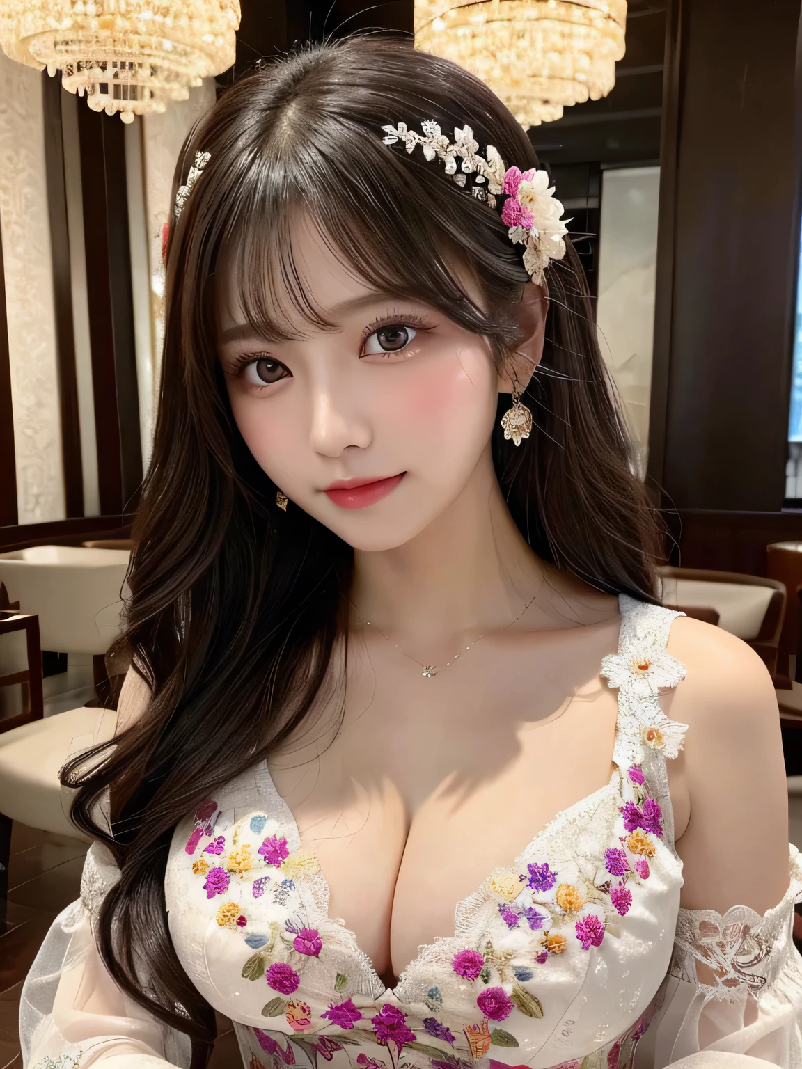 Looking at Viewer(camera),(Big Tits 1.8),(A colorful dress with gorgeous lace-like embroidery that shows off a beautiful cleavage..8),,(Table Top 1.8),masterpiece,Highest Resolution,Dynamic bust of a beautiful Chinese woman,Delicate black bun,Wavy long hair,Black clear eyes,Her hair is covered with beautiful and delicate floral detailing., crystal jewelry filigree,Ultra-detailed details,beauty effect,Soft Lighting。