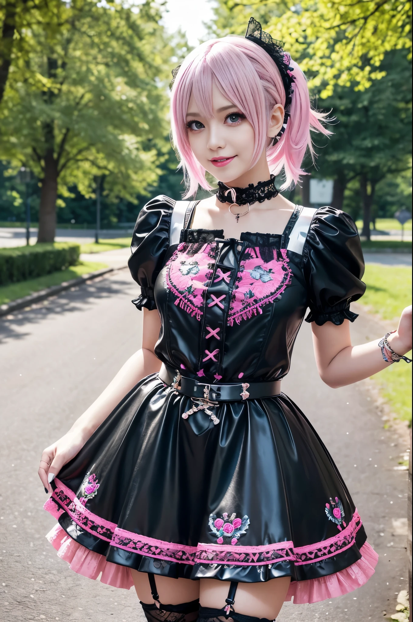 sexy stylish Swedish model, only 1 female, ((doll-like appearance)), short neon pink stylish hair, ((shiny Punk-Style boots)), (big smile), ultra detailed eyes, detailed makeup, lipgloss, ((sexy Punk Lolita cosplay)), unconventional skirt, petticoats, high neckline, ((ultra detailed lace)), ((ultra detailed embroidery)), intricate details, tartan patterns, safety pins, Punk Lolita accessoires, Punk Lolita choker, ((large sparkling Punk Lolita jewelry)), cinematic light, detailed large park background with trees 