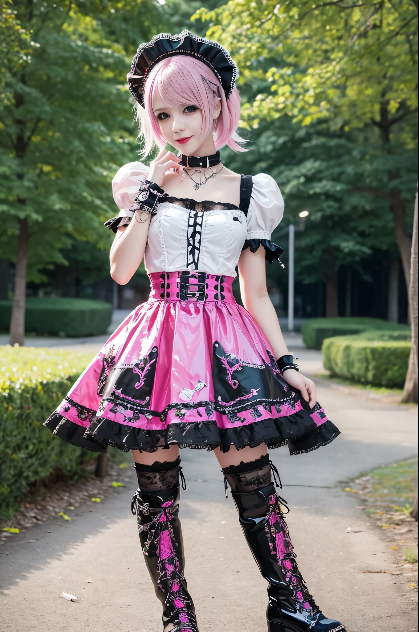 sexy stylish Swedish model, only 1 female, ((doll-like appearance)), short neon pink stylish hair, ((shiny Punk-Style boots)), (big smile), ultra detailed eyes, detailed makeup, lipgloss, ((sexy Punk ta cosplay)), unconventional skirt, petticoats, high neckline, ((ultra detailed lace)), ((ultra detailed embroidery)), intricate details, tartan patterns, safety pins, Punk Loliccessoires, Punk Lolita cr, ((large sparkling Punk Lolita jewel, cinematic light, detailed large park background with trees