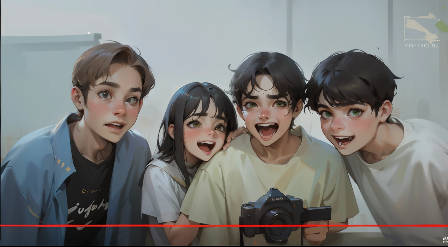 17 years old, they are in school, their hair is dark brown, their green eyes are euphoric, shouting that someone laughs with some evil., visten trajes del antiguo egipto tienen cabello blanco ojos amarillos