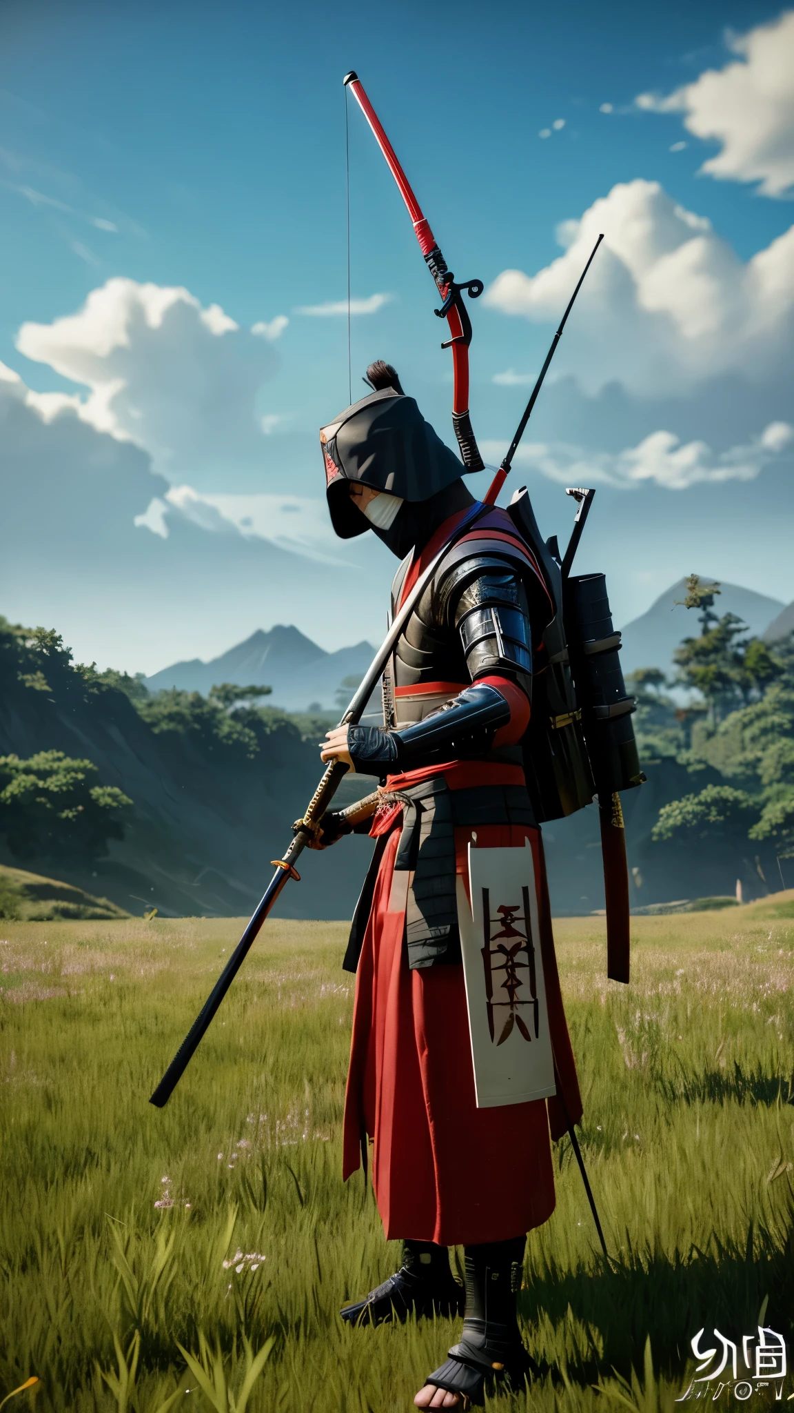 a samurai devil person standing in a field with a rifle,cool a magic fishing rod weapon, ghost in the shell,many floating swords, a ninja with a water wave katana, sharp Final fantasy 14, awakened samurai, holding a scythe, a robot with a fishing rod, a scythe giant, Shinobi shadow ninja holding a naginata, wandering samurai man, playable cart, toad samurai, lolita.white mask.Cyborg ninja.