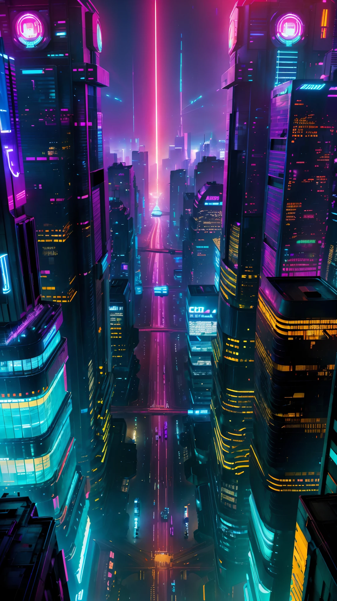 concept:(((This is an aerial photographic art work of a near-future city depicting a cyberpunk )))。 

quality:(highest quality, 4K, 8K, High resolution, masterpiece:1.2), Super detailed, (realistic, Photo realistic, Photo realistic:1.37), 

illumination: cinematic light, Bright colors and mesmerizing effects, contrast average , SF elements, 

Subject information:Aerial photo of Cyber City, from above, skyscraper, futuristic architecture, glowing neon lights, amazing skyline, advanced technology, ((hovering vehicle,)), (((A beautiful image of a cyber city drawn from the perspective of &quot;from above&quot;:1.3)))

Other details:lively atmosphere, holographic advertising, cyberpunk aesthetics, bluish tones, some stars shining in the sky, space background, Emerging Technologies, urban density, energy and excitement, metropolis of the future, eye-catching composition, neon glow, rich colors, smooth brush stroke technique, detailed texture, Impressive scale, (((cyberpunk design))), elaborate design, Impressive scale, Atmospheric illumination, Captivating details, captivating visuals, Artistic masterpiece, 50㎜, f/4, photo shoot,
