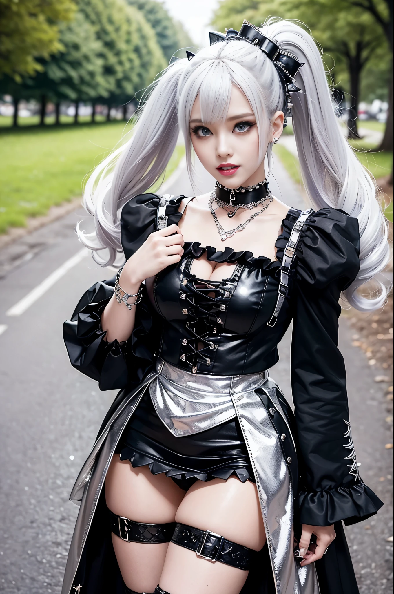 sexy stylish female model, only 1 female, ((doll-like appearance)), long multicolor stylish hair, ((shiny Punk-Style boots)), (big smile), ultra detailed eyes, detailed makeup, lipgloss, ((sexy Punk ta cosplay)), unconventional skirt, petticoats, high neckline, ((ultra detailed lace)), ((ultra detailed embroidery)), intricate details, tartan patterns, (silver chains), (silver spikes), (safety pins), Punk Loliccessoires, Punk Lolita cr, ((large sparkling Punk Lolita jewel, cinematic light, detailed large park background with trees