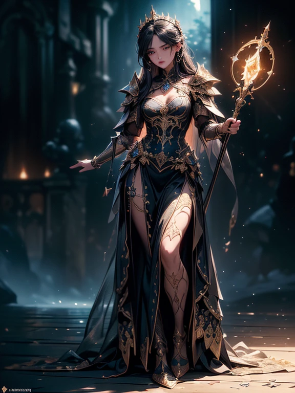 (((masterpiece, best quality, 8k)))A dark and cursed female game character,((perfect face)), wearing ornate Golden+Purle stylish and unique armor, wielding a magic staff, with magic vambraces, magic armored legwear, in a gloomy, atmospheric lighting,(((full body shot))), (best quality,4k,8k,highres,masterpiece:1.2),ultra-detailed,(realistic,photorealistic,photo-realistic:1.37),HDR,UHD,studio lighting,ultra-fine painting,sharp focus,physically-based rendering,extreme detail description,professional,vivid colors,bokeh,dark fantasy,concept art