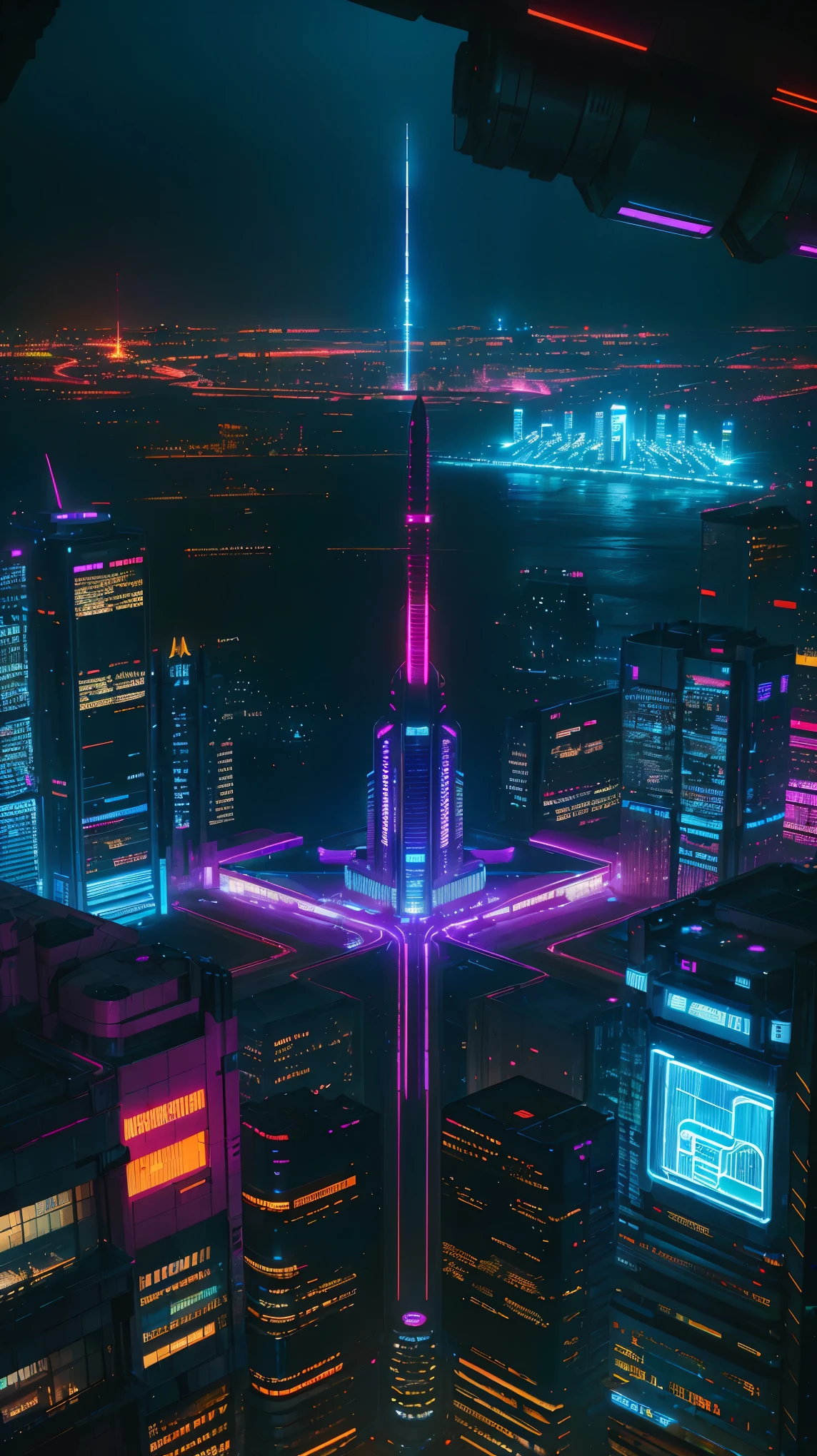 concept:(((This is an aerial photographic art work of a near-future city depicting a cyberpunk )))。 

quality:(highest quality, 4K, 8K, High resolution, masterpiece:1.2), Super detailed, (realistic, Photo realistic, Photo realistic:1.37), 

illumination: cinematic light, Bright colors and mesmerizing effects, contrast average , SF elements, 

Subject information:Aerial photo of Cyber City, from above, skyscraper, futuristic architecture, glowing neon lights, amazing skyline, advanced technology, ((hovering vehicle,)), (((A beautiful image of a cyber city drawn from the perspective of &quot;from above&quot;:1.3)))

Other details:lively atmosphere, holographic advertising, cyberpunk aesthetics, bluish tones, some stars shining in the sky, space background, Emerging Technologies, urban density, energy and excitement, metropolis of the future, eye-catching composition, neon glow, rich colors, smooth brush stroke technique, detailed texture, Impressive scale, (((cyberpunk design))), elaborate design, Impressive scale, Atmospheric illumination, Captivating details, captivating visuals, Artistic masterpiece, 50㎜, f/4, photo shoot,
