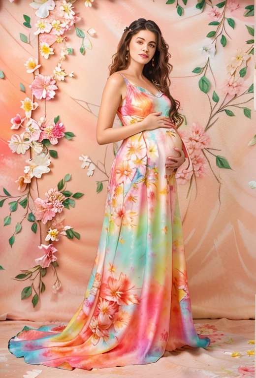 pregnant woman in colorful dress standing in front of floral wall, maternal photography 4 k, floral painted backdrop, floral art novuea dress, lady with glowing flowers dress, full body portrait painting, wearing a long flowery dress, flowing gown, wearing floral chiton, full body portrait shot, colorful backdrop, full body portrait, long luxurious flowing gown, beautiful gown