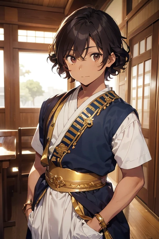 (koyo tamayaki kyoji),(boy),(male gender),(who has dark brown skin and brown eyes),( young man),(and height is 1.80cm),(and short hair),(and curly Brazilian style),(wears 5th century Emperor style clothes with gold details),(Brazilian nationality)