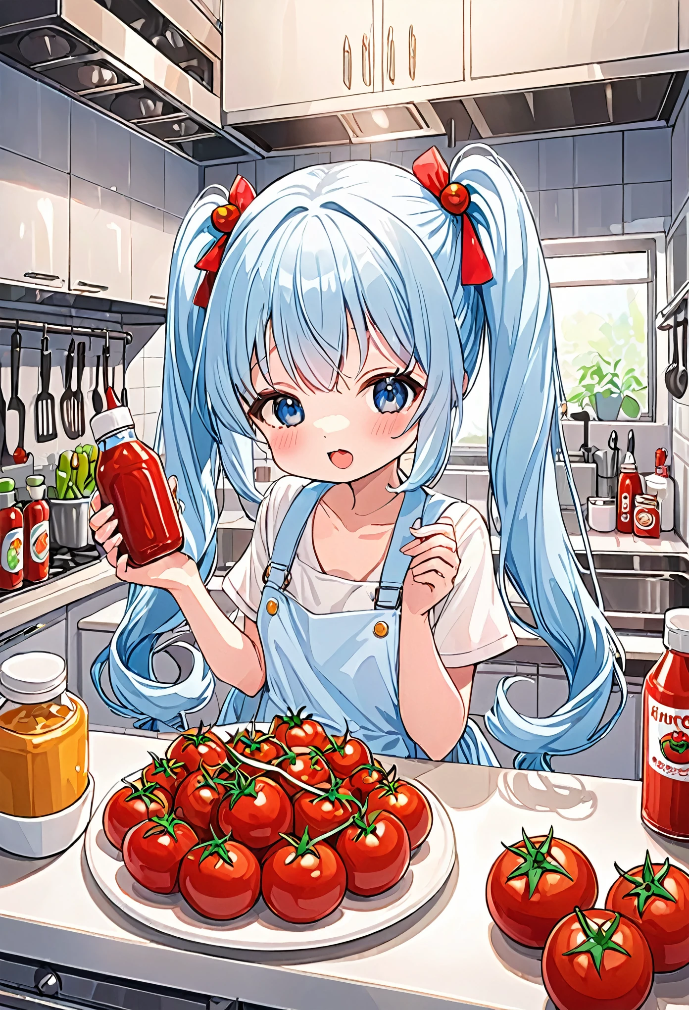 highest quality, highest quality, High-quality illustrations, masterpiece, Ultra-high resolution, Detailed Background, Detailed Background,Making ketchup、Light blue long hair、Beautiful girl with twin tails、lots of tomatoeaking ketchup with chibi characters、Bright kitchen