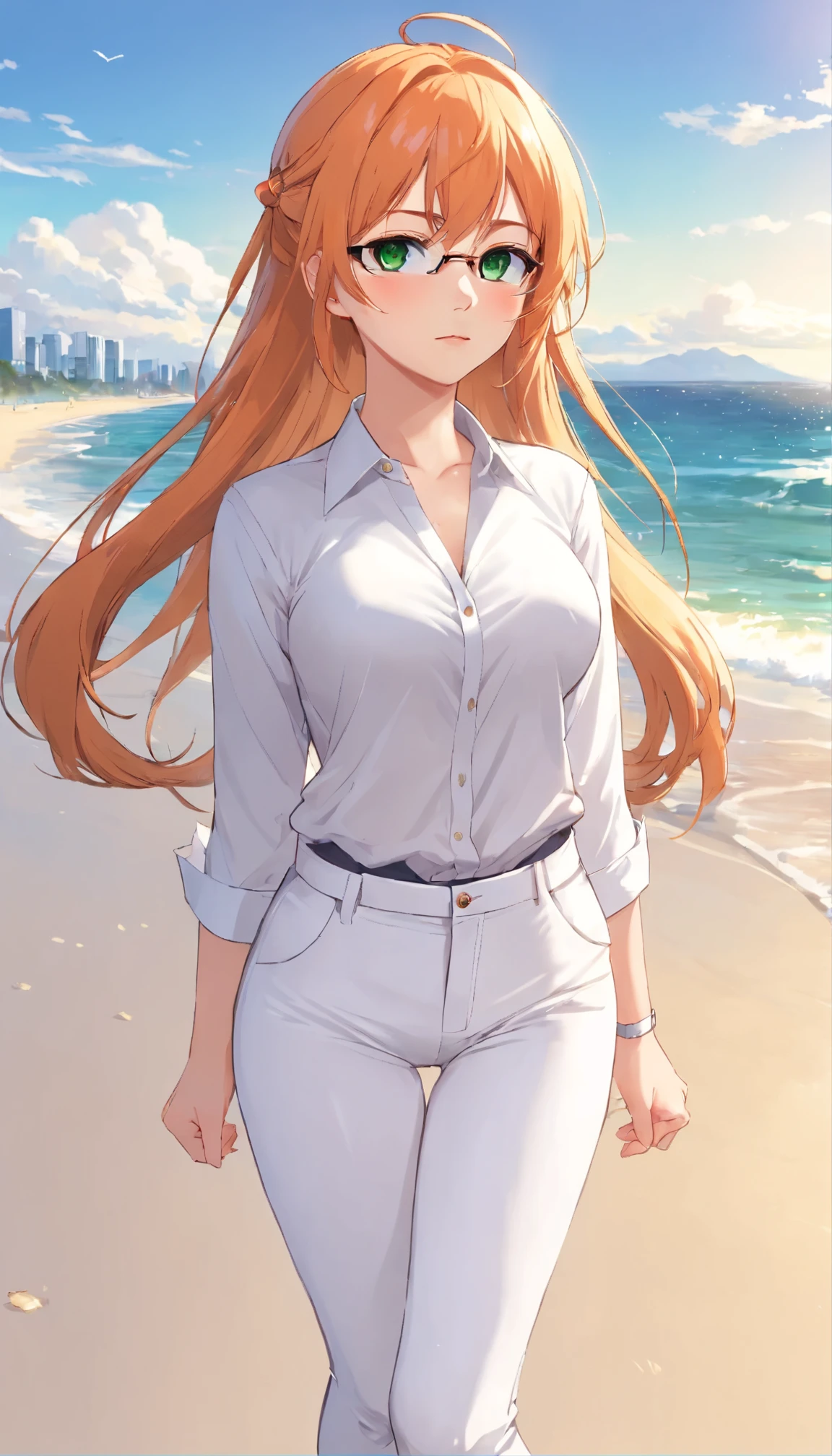 (masterpiece, Best quality), 8K, ultra detailed, realistic photo, Detailed face, perfect lighting, green eyes, bright orange hair, bright hair, fox ears, nice legs, side photo, beautiful, Cute, skin pores, 1 girl, perfect shirt, fully dressed, beautiful women 30 years old, Beautiful proportions, Russian woman, Caucasian, European, Business lady, stunningly beautiful woman, mother, thick legs, show ass, big breasts, (Thin white shirt:1.4), thick, hot, (White Office Wear:1.4), tight pants, (wide hips:1.2), thick, (white Office pants:1.3), spread your legs, Legs open, full length, wide hips, Glasses, with long orange hair, standing on the beach near the ocean, green eyes detailed digital anime art, cat ear, anime girl with long hair, гладкое аниме cg art, anime girl with long hair, digital anime art, work in Guweiz style, Beautiful anime portrait, Photorealistic render of an anime girl, pantyhose, Beautiful anime girl, advanced digital anime art, guweiz на artstation pixiv HD UHD HQ