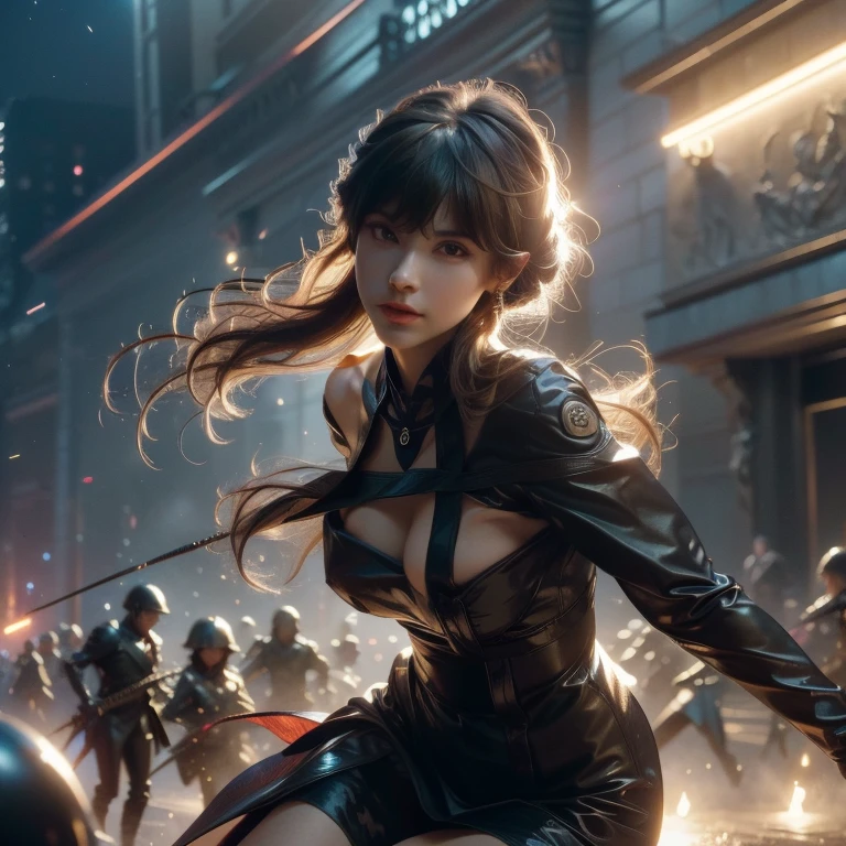 a beautiful russian woman in her 20s, light brown hair, fine white skin, attractive face, tight waist, cleavage, smiling kindly, active posing, detailed eyes, beautiful detailed nose, beautiful detailed lips, long eyelashes, perfectly balanced body, (best quality,8k,highres,masterpiece:1.2),ultra-detailed,(realistic,photorealistic,photo-realistic:1.37),HDR,UHD,studio lighting,ultra-fine painting,sharp focus,physically-based rendering,extreme detail description,professional,vivid colors,bokeh,portrait,seductive gaze, black clothes,(((battle,combat readiness))),defeat the enemy,stand still in the air,jump