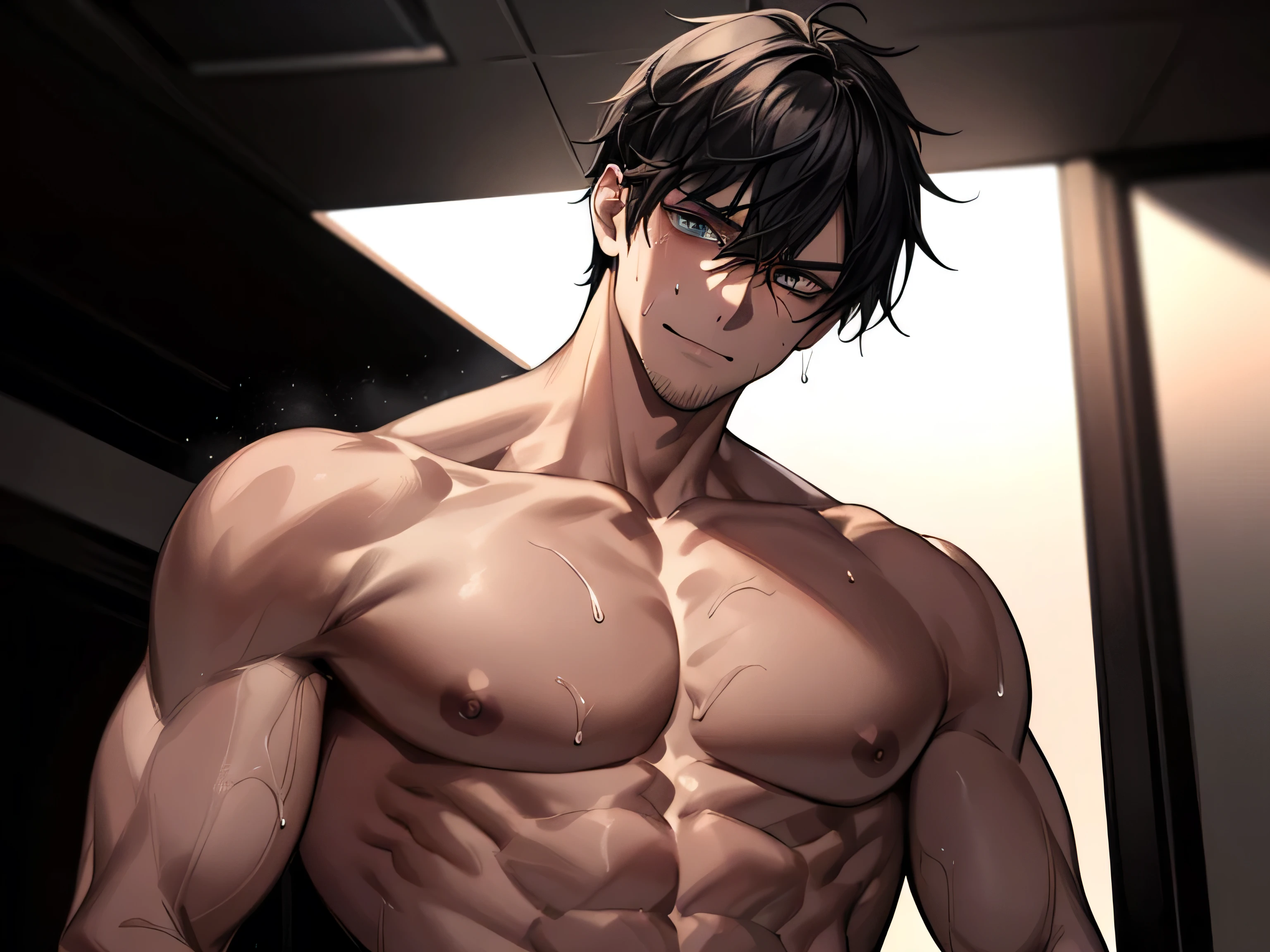 Angle from below,male, 30 years old,male1 perso,Adult,A sadistic atmosphere,Black Hair,Sharp Eye,Lewd Eyes,Take off your shirt,Face close-up,sweating,,smile,Background: dark sex room, intimate lighting, imminent sex, muscular, athletic build, bara, lewd, horny look, pectorals showing, abs showing, sleeveless, no tie, one arm reaching to viewer, dark lighting, black thong, very sweaty, bdsm, naked, wet body, strong muscular back, strong muscular chest, contrasting light, dark room, tears, tear drops, condesation on skin, many droplets on skin, sweaty abs, sweaty chest, angle looking up at ceiling, square ceiling light, dark background, sexy torn white undershirt, centered subject, subject looking straight below