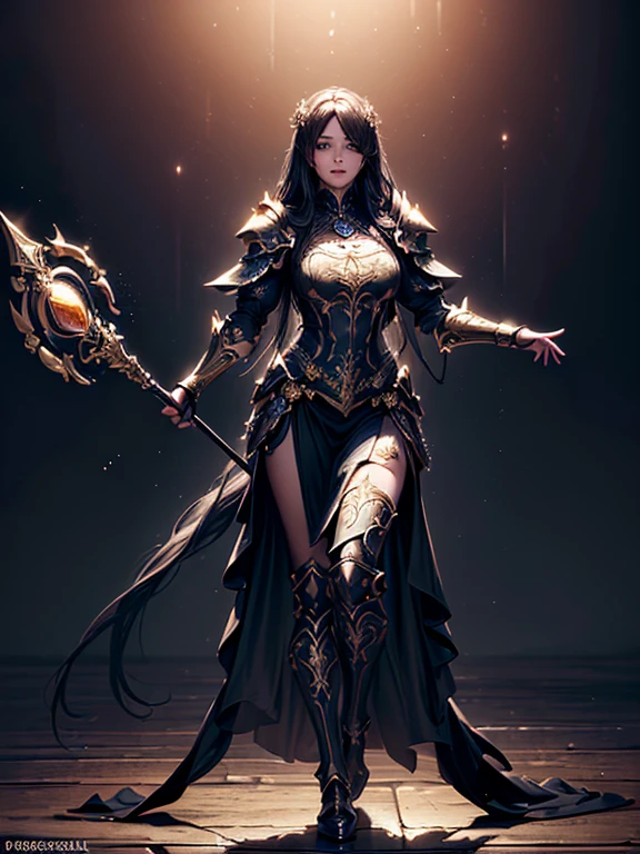 (((masterpiece, best quality, 8k)))A dark and cursed female game character,((perfect face)), wearing ornate Golden+Purle stylish and unique armor, wielding a magic staff, with magic vambraces, magic armored legwear, in a gloomy, atmospheric lighting,(((full body shot))), (best quality,4k,8k,highres,masterpiece:1.2),ultra-detailed,(realistic,photorealistic,photo-realistic:1.37),HDR,UHD,studio lighting,ultra-fine painting,sharp focus,physically-based rendering,extreme detail description,professional,vivid colors,bokeh,dark fantasy,concept art