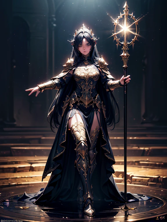 (((masterpiece, best quality, 8k)))A dark and cursed female game character,((perfect face)), wearing ornate Golden+Purle stylish and unique armor, wielding a magic staff, with magic vambraces, magic armored legwear, in a gloomy, atmospheric lighting,(((full body shot))), (best quality,4k,8k,highres,masterpiece:1.2),ultra-detailed,(realistic,photorealistic,photo-realistic:1.37),HDR,UHD,studio lighting,ultra-fine painting,sharp focus,physically-based rendering,extreme detail description,professional,vivid colors,bokeh,dark fantasy,concept art