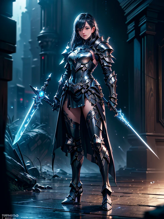 (((masterpiece, best quality, 8k)))A dark and cursed female game character,((perfect face)), wearing ornate Silver+Blue elegant and futuristic armor, wielding an energy sword, with greaves, armored boots, in a gloomy, atmospheric lighting,(((full body shot))), (best quality,4k,8k,highres,masterpiece:1.2),ultra-detailed,(realistic,photorealistic,photo-realistic:1.37),HDR,UHD,studio lighting,ultra-fine painting,sharp focus,physically-based rendering,extreme detail description,professional,vivid colors,bokeh,dark fantasy,concept art