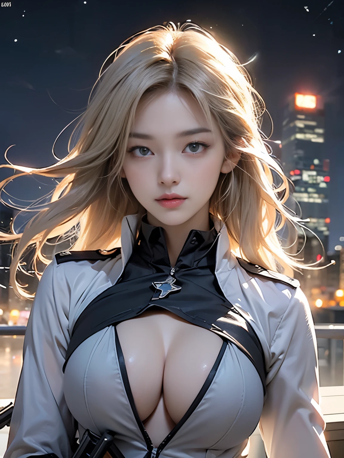 Zerg Queen Beautiful Girl: Ranlinger, 18 years old, (sniper holding shot-gun:1.6), Messy Hair, beautiful Perfect Face, Soft Skin, Perfect Face, Yasutomo Oka's painting style, Big firm Breasts, hard nipples, wearing police uniform, The chest of the uniform is wide open, breasts exposed, cleavage is exposed, Add light purple and purple, Add Light Red, Intricate details, Splash screen, 8K resolution, masterpiece, Serious, Sharp Eyes, Break, white Blonde, dynamic sexy poses, sweat, (mysterious big skyscrapers, stars, colorful star lights:1.3), aurora, Sharp Eyes, Break, white Blonde, Strong winds, Colorful light