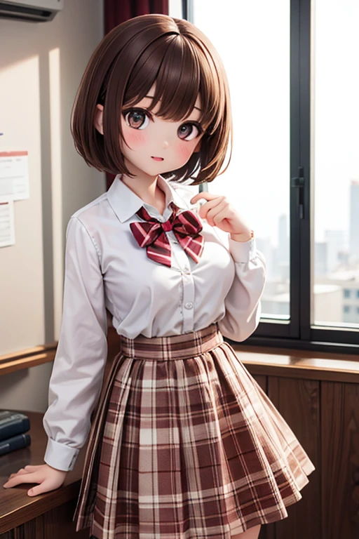 classroom, Baby Face, girl, Brown Hair, short hair, White blouse, Checked Skirt, ultra-high quality, 8k