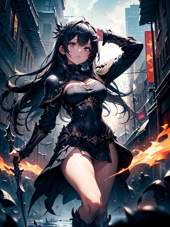 (((masterpiece, best quality, 8k)))A dark and cursed female game character,((perfect face)), wearing ornate black and gold armor, wielding a cursed blade, with dark vambraces and cursed boots, in a gloomy, atmospheric lighting,(((full body shot))), (best quality,4k,8k,highres,masterpiece:1.2),ultra-detailed,(realistic,photorealistic,photo-realistic:1.37),HDR,UHD,studio lighting,ultra-fine painting,sharp focus,physically-based rendering,extreme detail description,professional,vivid colors,bokeh,dark fantasy,concept art