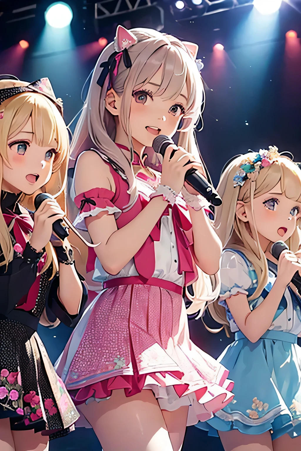 highest quality、High resolution、Detailed Background、(Beautiful face in every detail:1.4)、Anatomically correct、(Detailed facial expressions)、(Detailed eyes:1.2)、(Detailed eyes:1.2)、Teenage beauty、(Highly detailed face:1.4)、Brightly colored hair、well-groomed eyebrows、Cute Eye Makeup、Cute Lip Makeup、Cosplay-style sailor dress、No sleeve、White Stockings、A big smile、Impressive、(Uplifting)、Idol Style、chemical light、Show your side、Hide your hands、
(Three beautiful girls singing on stage:1.5)、
Costumes and accessories are made to glow using fluorescent paints and glitter.、Bright colors and pop colors、pink、yellow、Pastel colors etc.、Ruffles and laces、Sleeves and hems of clothing、Ruffles and laces are applied to the collar etc.、Animal and floral patternotifs such as hearts、Dresses and skirts、Femininity and cuteness、Hair accessories and ribbons