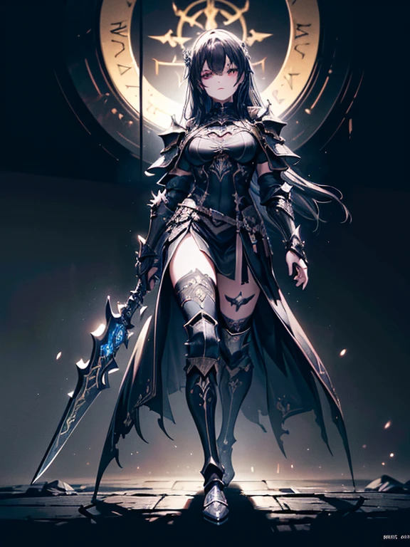 (((masterpiece, best quality, 8k)))A dark and cursed female game character,((perfect face)), wearing ornate black and gold armor, wielding a cursed blade, with dark vambraces and cursed boots, in a gloomy, atmospheric lighting,(((full body shot))), (best quality,4k,8k,highres,masterpiece:1.2),ultra-detailed,(realistic,photorealistic,photo-realistic:1.37),HDR,UHD,studio lighting,ultra-fine painting,sharp focus,physically-based rendering,extreme detail description,professional,vivid colors,bokeh,dark fantasy,concept art