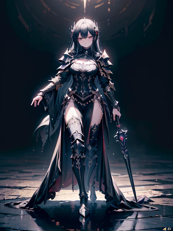 a full body portrait of dark queen,Standing with one hand on a tree or pole,dark fantasy randy theme,mystical,zoomed,Dark theme,(Azure glowing eyes:1.1),long hair,battle dress,dark illustration,8k cinematic effect,