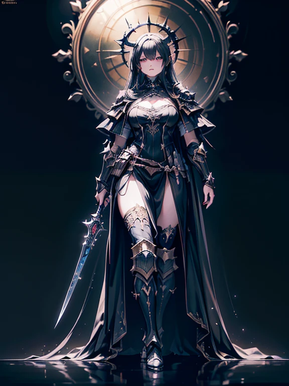 (((masterpiece, best quality, 8k)))A dark and cursed female game character,((perfect face)), wearing ornate black and gold armor, wielding a cursed blade, with dark vambraces and cursed boots, in a gloomy, atmospheric lighting,(((full body shot))), (best quality,4k,8k,highres,masterpiece:1.2),ultra-detailed,(realistic,photorealistic,photo-realistic:1.37),HDR,UHD,studio lighting,ultra-fine painting,sharp focus,physically-based rendering,extreme detail description,professional,vivid colors,bokeh,dark fantasy,concept art