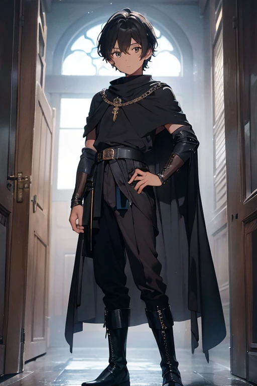 /(Boy),(dark brown skin color of the Clay5 tone),(brown eyes),(young),(height 1.80),(short black curly hair Brazilian style),(16 years old teenager),(male gender ),(wearing),+,(a 5th century emperor's outfit consisting of black style boots and a shiny black cape and stylish light blue pants with dark blue stripes And a blouse with large sleeves in dark gray and black tones)