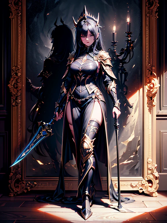 (((masterpiece, best quality, 8k)))A dark and cursed female game character,((perfect face)), wearing ornate black and gold armor, wielding a cursed blade, with dark vambraces and cursed boots, in a gloomy, atmospheric lighting,(((full body shot))), (best quality,4k,8k,highres,masterpiece:1.2),ultra-detailed,(realistic,photorealistic,photo-realistic:1.37),HDR,UHD,studio lighting,ultra-fine painting,sharp focus,physically-based rendering,extreme detail description,professional,vivid colors,bokeh,dark fantasy,concept art
