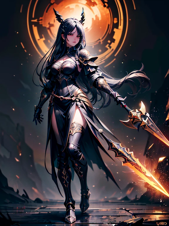 high quality, full shot, subsurface scattering, 1girl, 1men, chromatic lighting, colorized, red + white limited color palette, detailed concept drawing, warrior queen woman,  in a devil portal, dark knight, caos, end of world, black hole background, soldiers,fantasy, magic sword, golden crown,red european clothers, from the back, 1girl, slender,  giant evil