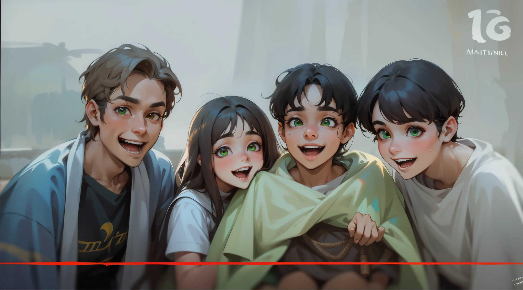  three men and a woman, green eyes, 17 years old, they are at school, their hair is dark brown, green eyes, they are excited, glowing at someone laughing with some evil., visten trajes del antiguo egipto tienen cabello blanco ojos amarillos