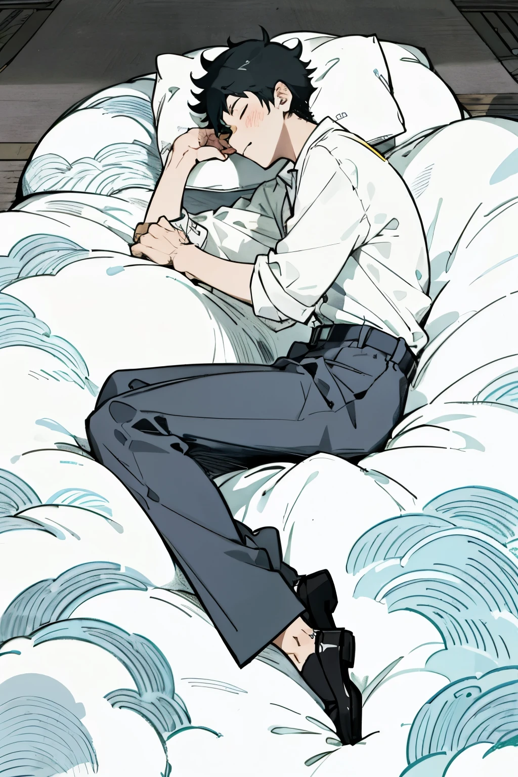 Boy sleeping on road, , man, boy, white button up, slacks, full body, Tokyo, anime, Japan, road, rush hour, quick,