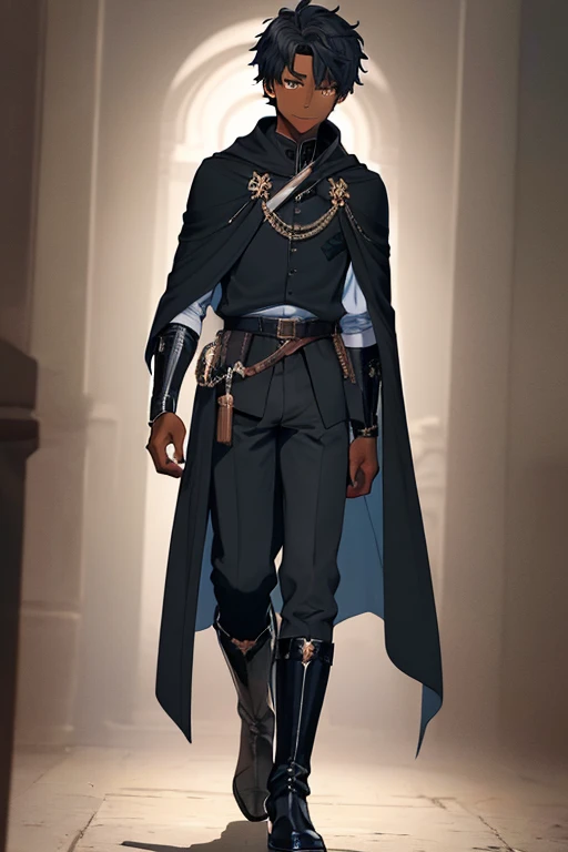 /(Boy),(dark brown skin color of the Clay5 tone),(brown eyes),(young),(height 1.80),(short black curly hair Brazilian style),(16 years old teenager),(male gender ),(wearing),+,(a 5th century emperor's outfit consisting of black style boots and a shiny black cape and stylish light blue pants with dark blue stripes And a blouse with large sleeves in dark gray and black tones)