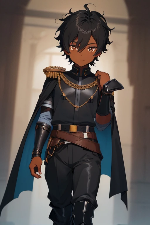 /(Boy),(dark brown skin color of the Clay5 tone),(brown eyes),(young),(height 1.80),(short black curly hair Brazilian style),(16 years old teenager),(male gender ),(wearing),+,(a 5th century emperor's outfit consisting of black style boots and a shiny black cape and stylish light blue pants with dark blue stripes And a blouse with large sleeves in dark gray and black tones)