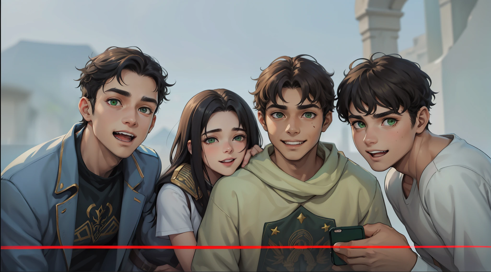 three men and a woman, green eyes, 17 years old, they are at school, their hair is dark brown, green eyes, they are excited, glowing at someone laughing with some evil., visten trajes del antiguo egipto tienen cabello blanco ojos amarillos