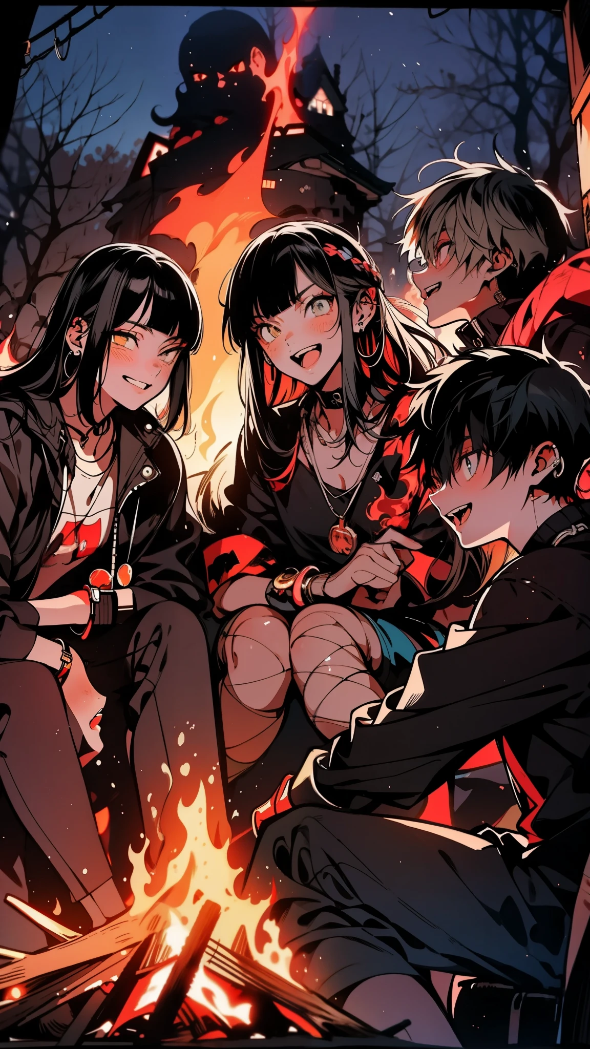 thin outlines, anime style, cool and edgy, a group of agers sitting around a campfire at night, laughing and sharing stories, with the flickering flames casting warm, nostalgic shadows on their faces. joyful, warm lighting, soft focus, 80s movie style, fashionable, posing, colorful, confident, expression, accessory, coiled, around, stylish.