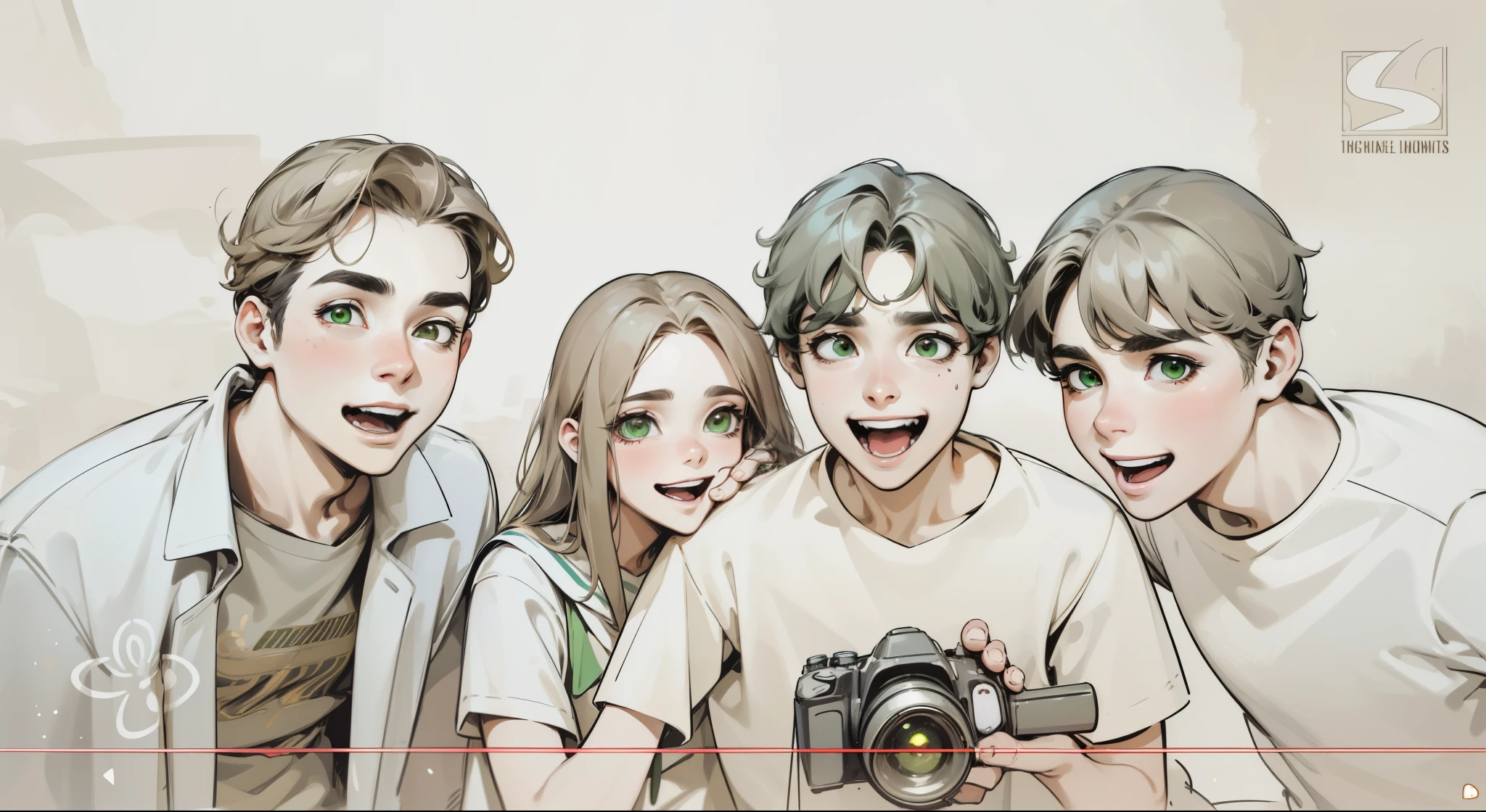  three men and a woman, green eyes, , they are at school, their hair is dark brown, green eyes, they are excited, glowing at someone laughing with some evil., visten trajes del antiguo egipto tienen cabello blanco ojos amarillos