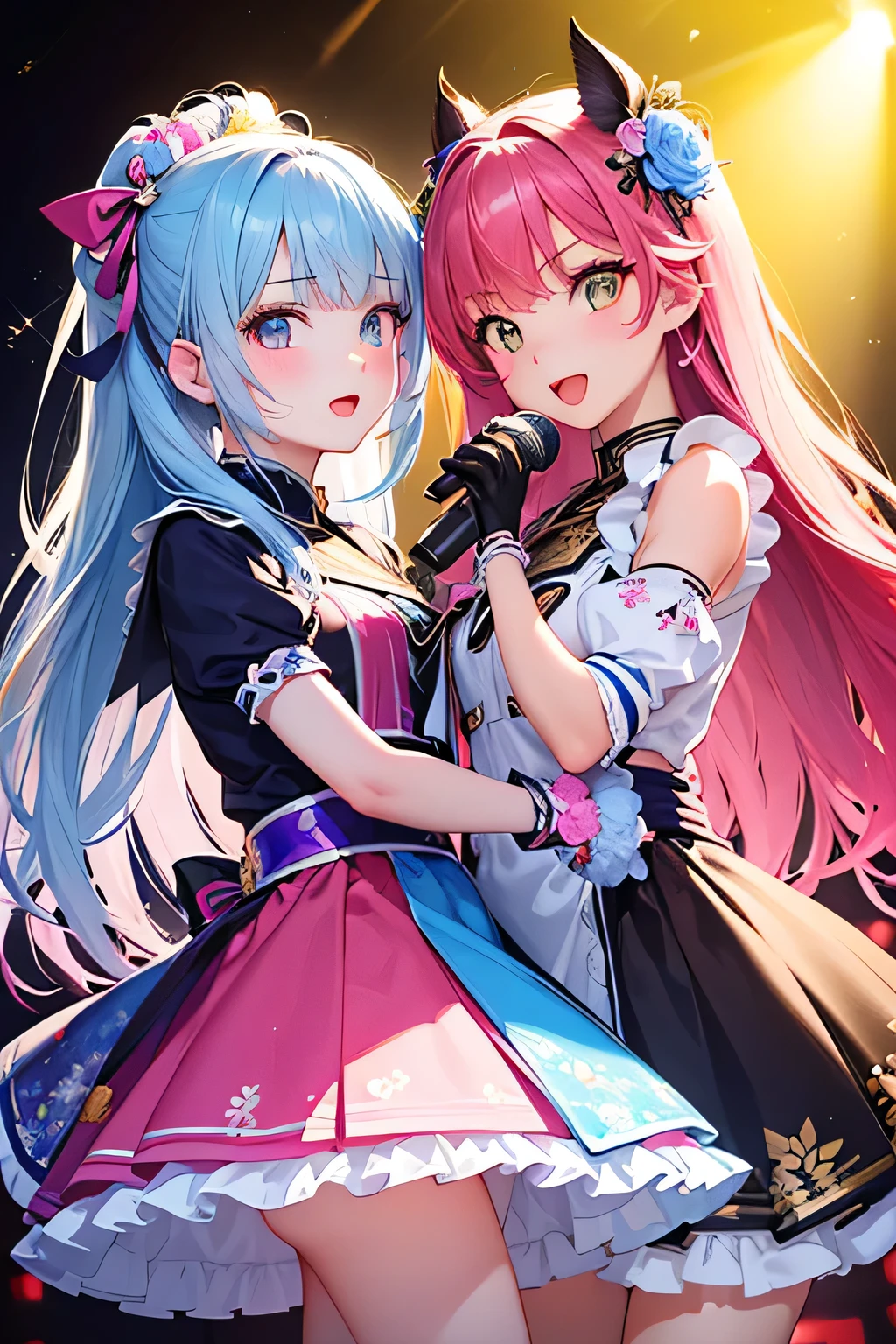 highest quality、High resolution、Detailed Background、(Beautiful face in every detail:1.4)、Anatomically correct、(Detailed facial expressions)、(Detailed eyes:1.2)、(Detailed eyes:1.2)、 beauty、(Highly detailed face:1.4)、Brightly colored hair、well-groomed eyebrows、Cute Eye Makeup、Cute Lip Makeup、Cosplay-style sailor dress、No sleeve、White Stockings、A big smile、Impressive、(Uplifting)、Idol Style、chemical light、Show your side、Hide your hands、
(Two beautiful girls singing on stage:1.5)、
Costumes and accessories are made to glow using fluorescent paints and glitter.、Bright colors and pop colors、pink、yellow、Pastel colors etc.、Ruffles and laces、Sleeves and hems of clothing、Ruffles and laces are applied to the collar etc.、Animal and floral patternotifs such as hearts、Dresses and skirts、Femininity and cuteness、Hair accessories and ribbons