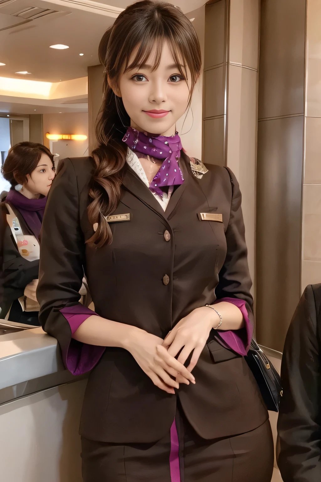 (masterpiece:1.2、highest quality:1.2)、32K HDR、High resolution、(alone、1 girl、Slim figure)、(A realistic reproduction of the ETIHAD Airways Cabincrew Uniform)、 (At the airport counter, Professional Lighting)、Airport counter wall background、A proper woman, Beautiful Face,、(Long sleeve ETIHAD Airways Cabincrew Uniform)、(ETIHAD Airways Cabincrew Uniform skirt with purple stripe on the front)、(scarf on chest)、Big Breasts、(Long Hair Up、Hair Bun)、Dark brown hair、Long Shot、((Great hands:2.0))、((Harmonious body proportions:1.5))、((Normal limbs:2.0))、((Normal finger:2.0))、((Delicate eyes:2.0))、((Normal eyes:2.0)))、Beautiful standing posture、smile、Place your hands around your stomach